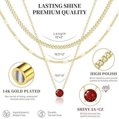 WomenGifts Layered Gold Necklaces for Women, 14K Gold Sterling Silver Plated Dainty Pendant Necklace Set Non Tarnish, Chunky Stackable Cuban Chain Choker, Trendy Birthstone Vacation Jewelry Gift - color: Gold, style: Cubic Zirconia-Created Garnet-Jan