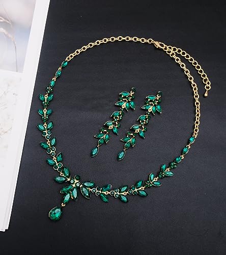 CSY Elegant Bridal Jewelry Sets Wedding Prom Homecoming Gown Accessories | Austrian Marquise Crystal Wedding Necklace Dangle Earrings Tennis Bracelet Ring Set for Bride Women Costume Accessories - color: green crystal-gold tone