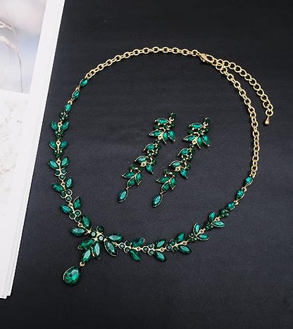 CSY Elegant Bridal Jewelry Sets Wedding Prom Homecoming Gown Accessories | Austrian Marquise Crystal Wedding Necklace Dangle Earrings Tennis Bracelet Ring Set for Bride Women Costume Accessories - color: green crystal-gold tone