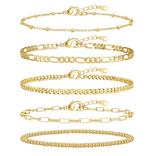 Gold Bracelets for Women, 14K Gold Plated Stackable Bracelet Stack Set Adjustable Charm Paperclip Chain Cuban Link Layered Waterproof Jewelry Sets Gifts for Womens 6.5 Inch - color: Golden-A 6.0 IN