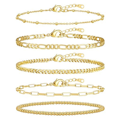 Gold Bracelets for Women, 14K Gold Plated Stackable Bracelet Stack Set Adjustable Charm Paperclip Chain Cuban Link Layered Waterproof Jewelry Sets Gifts for Womens 6.5 Inch - color: Golden-A 6.0 IN