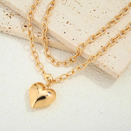 CLASSYZINT Gold Heart Pendant Necklace for Women Puffy Heart Necklace Beads Chain Necklace Statement Necklace Trendy Jewelry - style: XL22342A