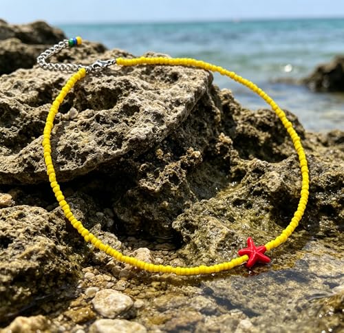 Seed Bead Choker Necklace for Women Bohemian Tiny Beads Choker Colorful Rice Bead Starfish Choker Summer Surfer Beach Necklace Jewelry Gift - color: Yellow