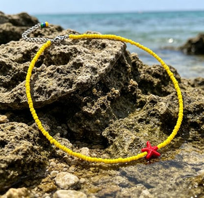 Seed Bead Choker Necklace for Women Bohemian Tiny Beads Choker Colorful Rice Bead Starfish Choker Summer Surfer Beach Necklace Jewelry Gift - color: Yellow