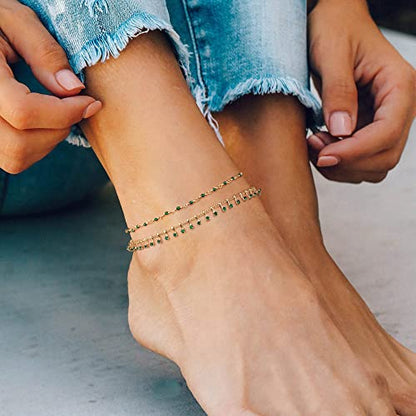 Gold Anklets for Women 14K Gold Plated Tiny Bead Anklet Colorful Tassel Foot Chain Dainty Adjustable Cute Summer Beach Boho Anklets Jewelry Gift - color: crystal green