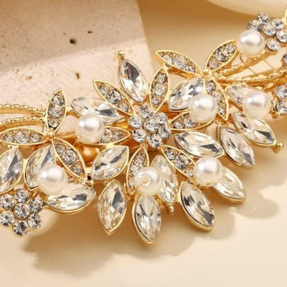 Hapibuy Crystal Rhinestone Pearl Hair Comb Gold Wedding Bridal Hair Pins Accessory - color: Gold-Hair Clip