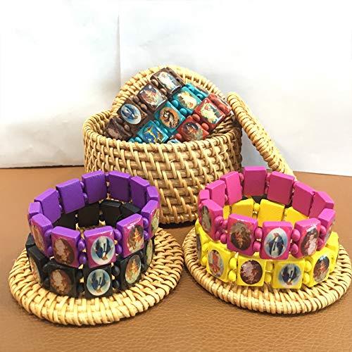 yantu Elastic Strechable Wooden Small Panel Bracelet with Images of Religious Saints, Jesus and Rosary