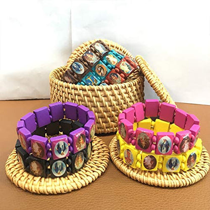 yantu Elastic Strechable Wooden Small Panel Bracelet with Images of Religious Saints, Jesus and Rosary