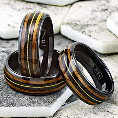 Personalized Engraved 8mm Piano Black Tungsten Carbide Low Dome Band Ring with Genuine Guitar String on Black Between Whiskey Barrel Oak Wood Inlays.