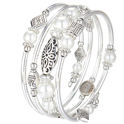 BULINLIN Layered Wrap Bangle Turquoise Bracelet - Bead Bracelet with Natural Agate Stone, Gifts For Women - color: 03-White pearl