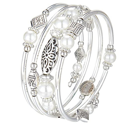 BULINLIN Layered Wrap Bangle Turquoise Bracelet - Bead Bracelet with Natural Agate Stone, Gifts For Women - color: 03-White pearl