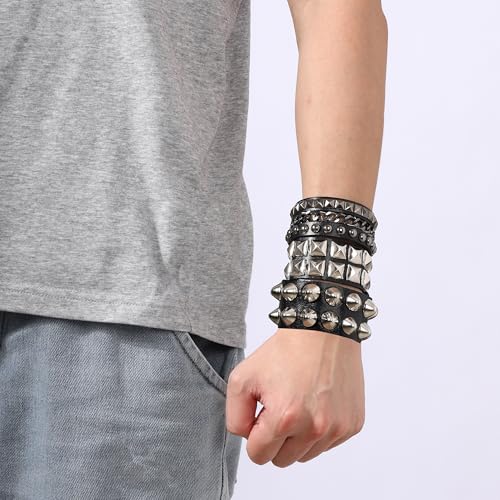 Mens Bracelet Braided Leather Punk Rock Cuff Bracelets Wrap Bracelet for Men Women Black - color: E3:3PCS