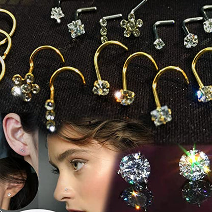Nose Rings & Studs - 18g, 20g, 22g 14K Gold Bone Nose Studs for Women in Titanium Steel - color: 20g 10pcs Gold L 316L Surgical Steel