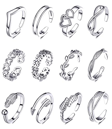 TOBENY 12PCS Gold Toe Rings for Women Non Tarnish Adjustable Open Set | Rose Black Waterproof Toe Ring Set, Sterling Silver Toe Rings, Flower Arrow Tail Band, Dainty Summer Beach Foot Jewelry - color: A-Silver