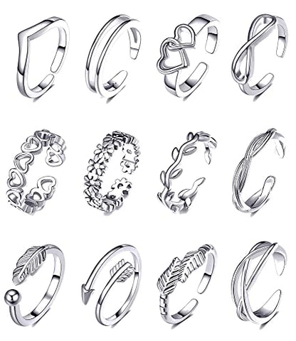 TOBENY 12PCS Gold Toe Rings for Women Non Tarnish Adjustable Open Set | Rose Black Waterproof Toe Ring Set, Sterling Silver Toe Rings, Flower Arrow Tail Band, Dainty Summer Beach Foot Jewelry - color: A-Silver