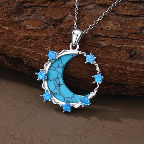 925 Sterling Silver Turquoise Moon Pendant Necklace for Women, Snake/Flower/Bow/Tree of Life/Star Moon Necklace, Dainty Jewelry for Daily Wear & Gifts - style: Style 5