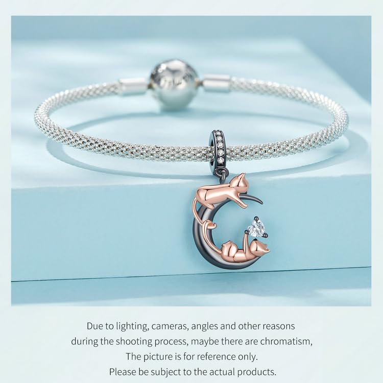 BISAER 925 Sterling Silver Charms for Bracelets Cat Dog Sloth Animal Beads Butterfly Fairy Heart Dangle Pendant Charms - color: Playing Cat