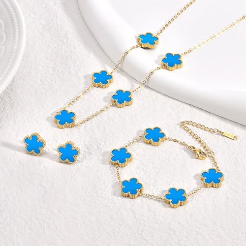 FLY FEI 18K Gold-Plated Four Leaf Clover Bracelet for Women,Adjustable lucky Bracelet Set Jewelry Gift-Hypoallergenic Charm for Birthdays, Wellness & Daily Wear - color: style07-blue set(3pcs)