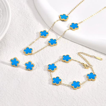 FLY FEI 18K Gold-Plated Four Leaf Clover Bracelet for Women,Adjustable lucky Bracelet Set Jewelry Gift-Hypoallergenic Charm for Birthdays, Wellness & Daily Wear - color: style07-blue set(3pcs)