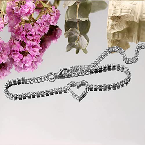 Fesciory Heart Rhinestone Ankle Bracelets for Women, Adjustable Silver Plated Shiny Tennis Anklets, Twinkle Cubic Zircon Imitation Diamond Anklet Foot Chain Jewelry Gifts - color: Hollow Heart1