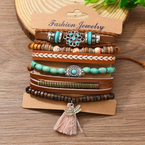 Western Outfits for Women Turquoise Western Bracelets Bohemian Vintage Stackable Beaded Leather Bracelets Adjustable Hand-woven Layered Bracelet Western Country Concert Jewelry for Women - style: Turquoise Dragonfly