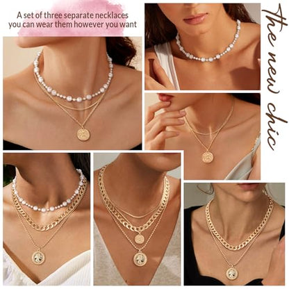 MJartoria Layered Necklaces for Women Trendy Retro Coin Pendant | Dainty Chunky Chain, Choker Necklaces, Jewelry Birthday Gifts - color: Golden, style: Pearl-3PCS