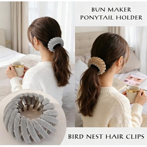 4Pcs Black Birds Nest Hair Clip Set for Women, Velvet Bird Nest Hair Clip Expandable Ponytail Holder, Lazy Bun Maker Hair Clips, Non Slip Bird Nest Plate Hairpins for Thick Thin Hair - color: 4 Black