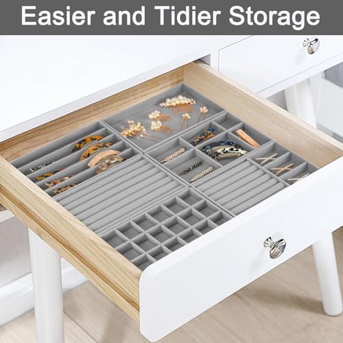 12Pcs Velvet Stackable Jewelry Trays, Jewelry Drawer Organizer, Large Removable Display Jewelry Tray, Necklace Bracelet Storage Box for Earring, Ring, Brooch, Watch (Grey) - color: 12 Pack-Grey