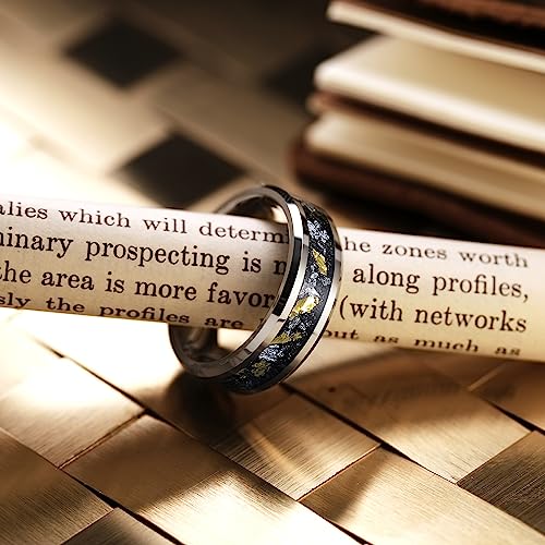 King Will Mens Wedding Band with Foils Inlay, Black/Silver/Gold Beveled Edge Glowstone Ring, 6mm/8mm Tungsten Carbide Rings Comfort Fit - color: Silver&Gold+Silver-8mm