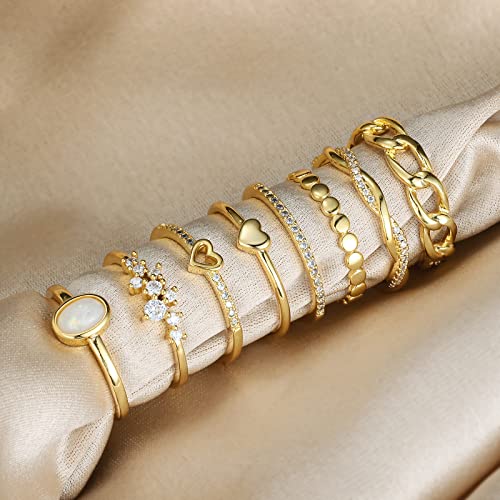 PLOMFOV 14K Gold/Silver Plated Stacking Rings Set for Women Non Tarnish CZ Heart Simple Cute Stackable Rings Dainty Trendy Gold Statement Rings Plain Band Size 4-12 - color: Gold Tone