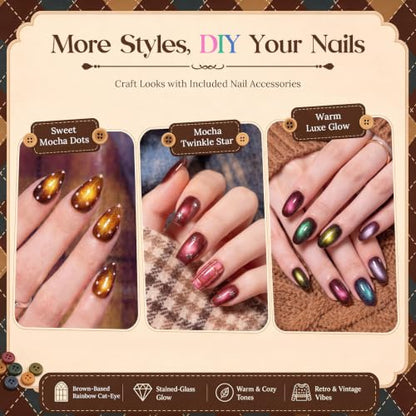 Beetles Mocha Sweater Cat Eye Gel Nail Polish Set, 6 Colors 9ml Fall Gel | Brown-Based Iridescent Cat Eye Gel Kit Magnetic Effect, Button Charms & Star Stickers & Magnet, Soak Off UV Salon at Home - color: A - Brown-Based Cat Eye | Mocha Sweater