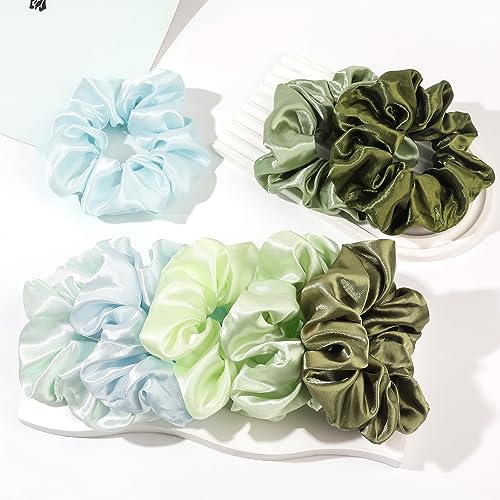 Ivyu Scrunchies for Women's Thick Curly Hair, Satin Hair Scrunchies for Girls, Big Cute Ponytail Holders, No Crease No Damage, 4 Pieces, Green - color: Green
