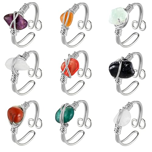 9 PCS Healing Crystal Ring, Adjustable Wire Wrapped Rings Irregular Gemstone Rings Set for Women - color: Silver-Style B