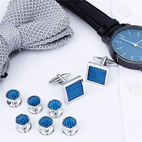 Mens Cufflinks and Tuxedo Studs Set in Gift Box (Carbon Fiber), Jewelry or Accessories in Gold Silver Black Tone, Matching with Shirts Vest and Bow tie, Suitable for Birthday Wedding Anniversary - color: Sky blue