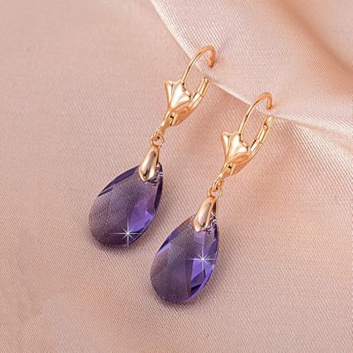 Austrian Crystal Teardrop Leverback Dangle Earrings for Women Fashion 14K Gold Plated Hypoallergenic Jewelry - color: Tanzanite