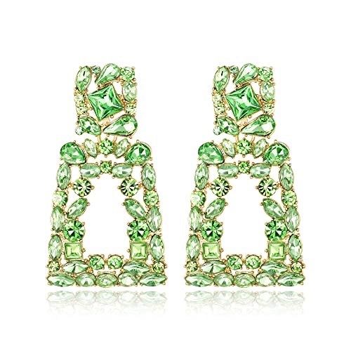 Flyonce Rectangle Clip-on Drop Earrings for Women, Sparkly Rhinestone Crystal Geometric Statement Non Pierced Earring Wedding Prom Party Jewelry for Brides Bridesmaid - color: Light Green