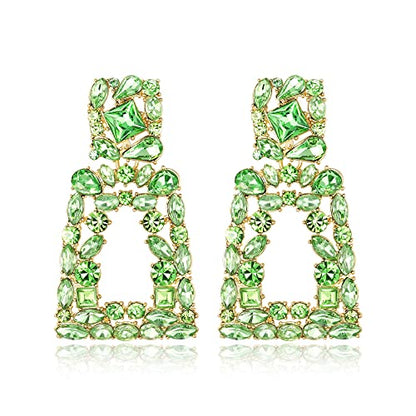 Flyonce Rectangle Clip-on Drop Earrings for Women, Sparkly Rhinestone Crystal Geometric Statement Non Pierced Earring Wedding Prom Party Jewelry for Brides Bridesmaid - color: Light Green