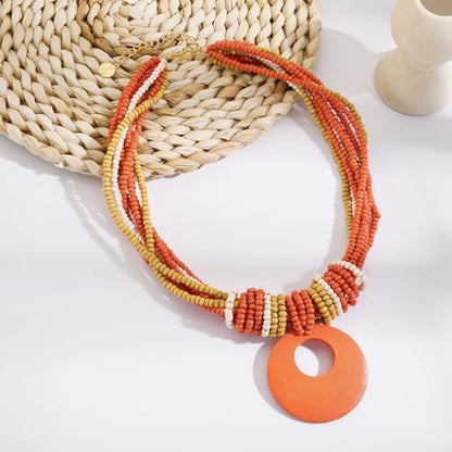 Coiris Chunky Necklaces for Women Statement Wooden Beaded Funky Boho Circle Pendant Necklace Jewellery Gift for Women - color: Orange