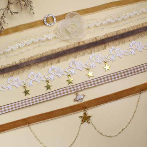 Nova&Aria Chokers Set For Women Heart Choker Necklaces Flower Pendant Velvet Cute Pink Turquoise Blue White Black Choker Necklace Christmas Colorful Lace Chokers - color: Brown-B
