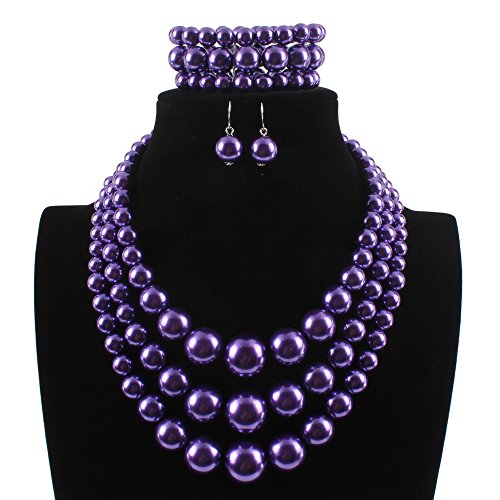 KOSMOS-LI Women's 3 Layer Simulated Pearl Statement 18" Necklace Bracelet and Earrings Jewelry Set Stocking Stuffers - color: purple