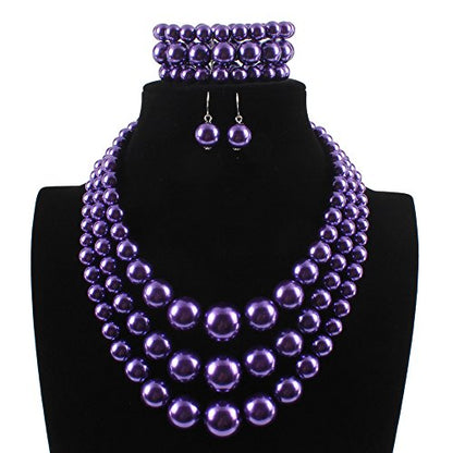 KOSMOS-LI Women's 3 Layer Simulated Pearl Statement 18" Necklace Bracelet and Earrings Jewelry Set Stocking Stuffers - color: purple