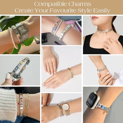 Stainless Steel Italian Charm Bracelet, 18 Link Starter Bracelet 9mm Charms | Italian Charm Bracelet with 9Pcs/20Pcs Charms and Opening Tools, Classic 9mm Modular Charm, Personalized Jewelry Gift - color: E-Gold