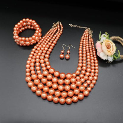 Faux Big Pearl Srand Necklaces for Women 5 Layers Pearls Choker Bib Collar Necklace Bracelet and Earrings set 1920s Costume Pearl Jewelry Bridal Wedding - color: orange