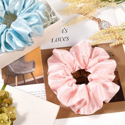 2 PCS Blue Pink Jumbo Satin Silky Scrunchies 6.5 Inches Oversized Scrunchie Extra Large Big Hair Ties Ponytail Holder for Thick Curly Hair Women (Light Blue, Pink) - color: Light Blue, Pink