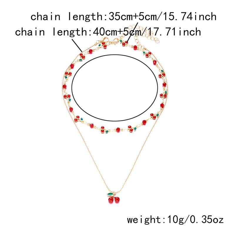Tiny Red Cherry Fruit Necklace Bracelet Anklet Sweet Cherry Pendant Double Layered Gold Chain - color: red cherry necklace