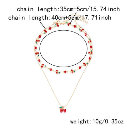 Tiny Red Cherry Fruit Necklace Bracelet Anklet Sweet Cherry Pendant Double Layered Gold Chain - color: red cherry necklace