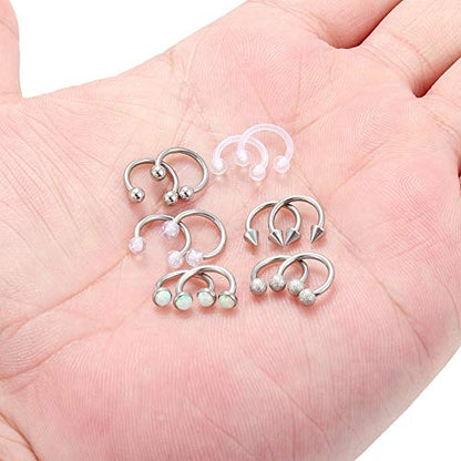 SCERRING 6 Pairs 16G Stainless Steel Horseshoe Septum Ring Nose Rings Hoop Helix Daith Cartilage Tragus Earrings Lip Body Piercing Jewelry Opal 8mm 10mm - color: 8mm - Silver