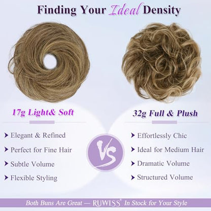 RUWISS 100% Human Hair Bun Small Messy Bun Hair Piece, One Hairpiece Two Styles Mini Natural Looking Scrunchies Updo for Daily, Hair Buns for Hair Women (Dark Brown with 15% Dark Cocoa Blonde) - color: 2/4# Dark Brown with 15% Dark Cocoa Blonde