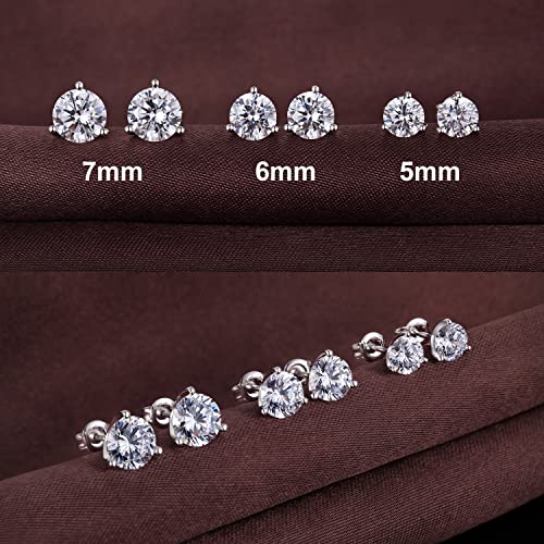 Jiamiaoi 18K White Gold Plated Stud Earrings 925 Sterling Silver Round and Square Cut Princess Cut 5A+ Cubic Zirconia Stud Earrings 4mm to 8mm Fashion Jewelry for Men Women - color: C-White-Three Prongs, size: 7mm