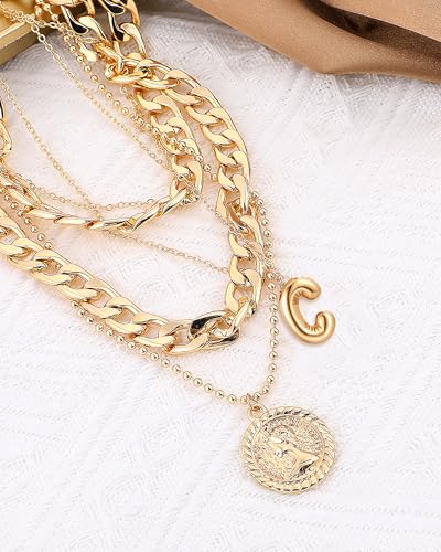 MJartoria Layered Necklaces for Women Trendy Balloon Initial Coin Pendant Necklace Dainty Chunky Chain Choker Necklaces Jewelry Birthday Gifts - color: Gold, style: C